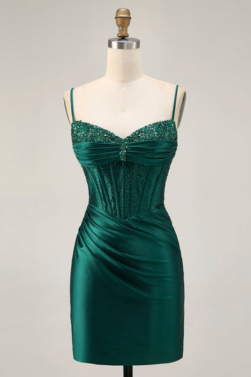 Robe de cocktail moulante en satin à sequins corset vert foncé